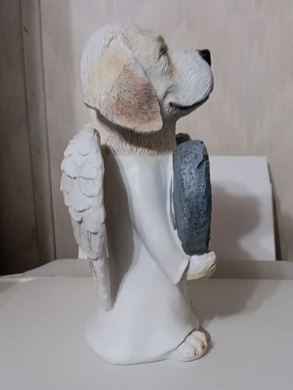 Pet Memorial Dog Statue Holding Heart - Cream and Gray
